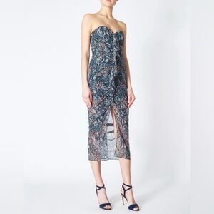 Veronica Beard Teal Paisley Strapless Midi Dress